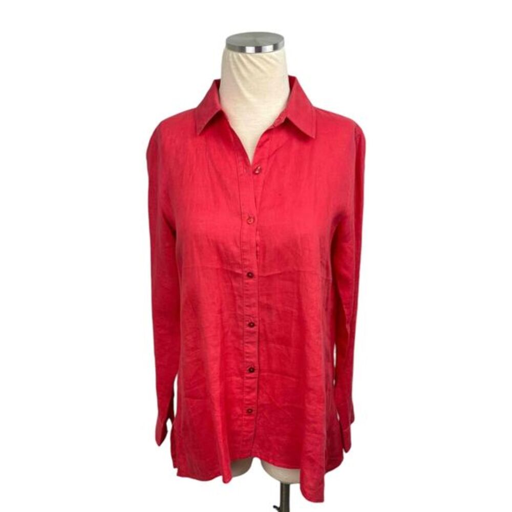 Eileen Fisher Womens Dark Salmon‎ Long Sleeve Linen Shirt Size PP Petite Small